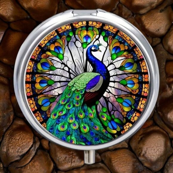 Peacock Pill Box Medicine Mini Stainless Steel Case Mirror Travel Purse Peafowl - Picture 6 of 7